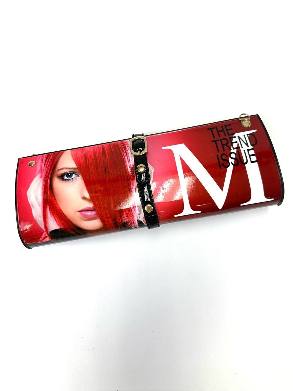 NWT Magazine Cover Hard Shell Clutch Purse Red Y2K Novelty Bag Gold Chain Strap